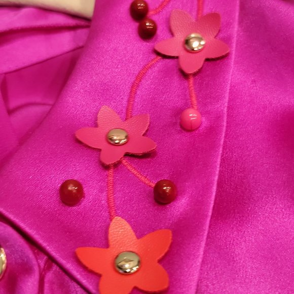 Elie Tahari Fuchsia 100% Silk Blouse with Beaded Floral Collar - Picture 6 of 7